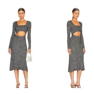 AFRM Skye Cutout Midi Dress Size S‎ Ribbed Knit Long Sleeve Black White Marl